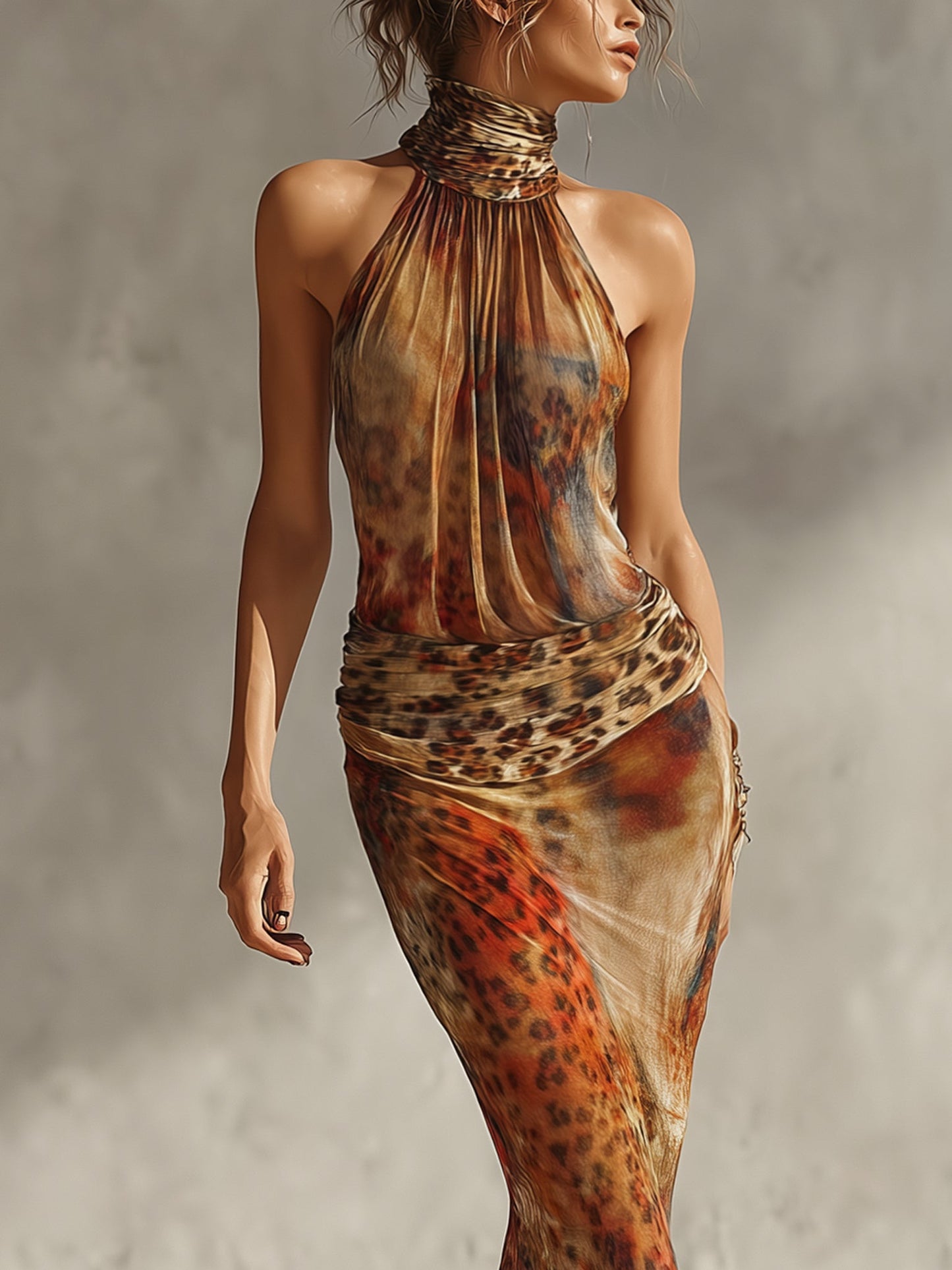 Brown Gradient Leopard Print Bodycon Dress