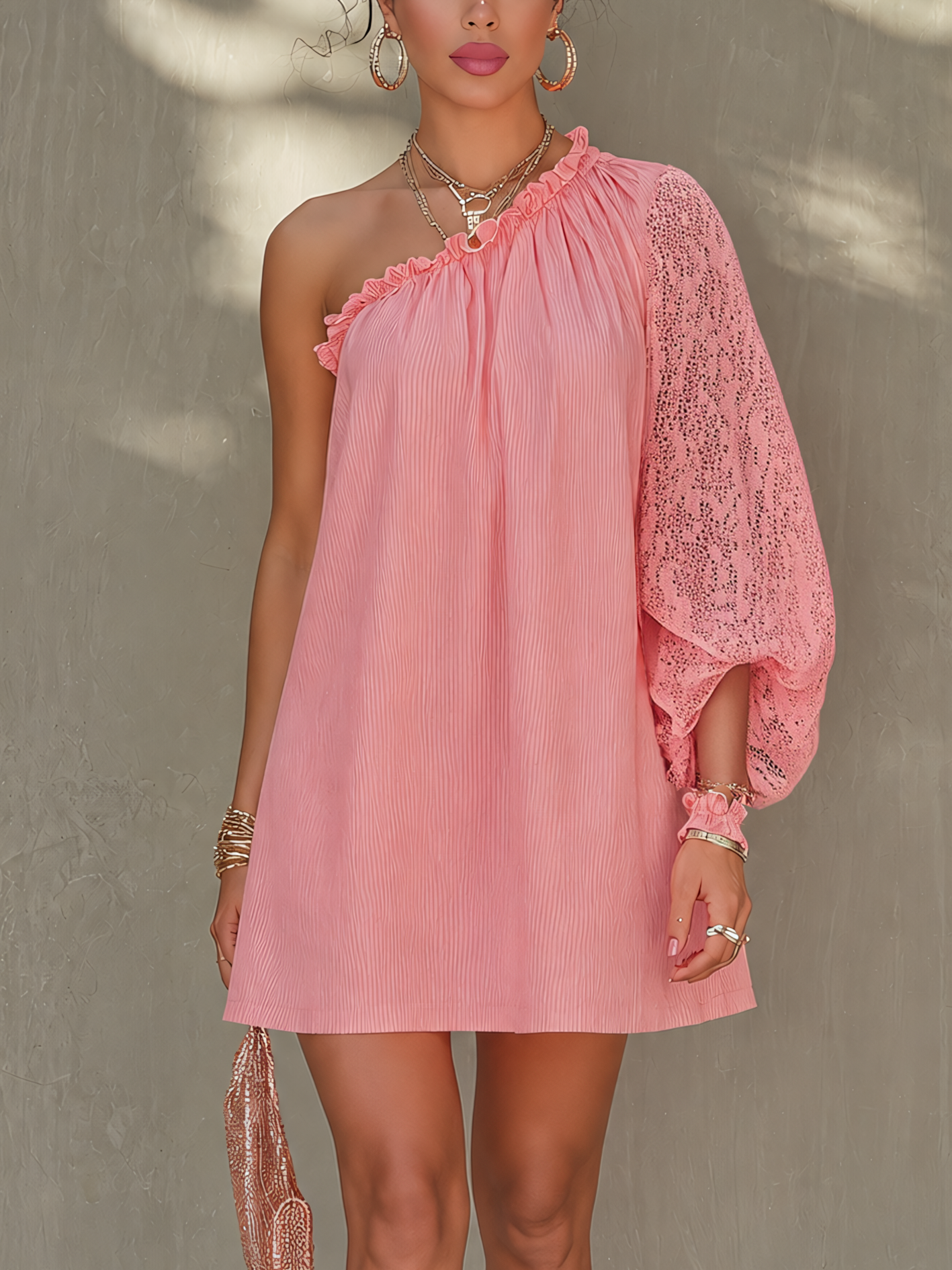 Pink One Shoulder Lace Sleeve Mini Dress