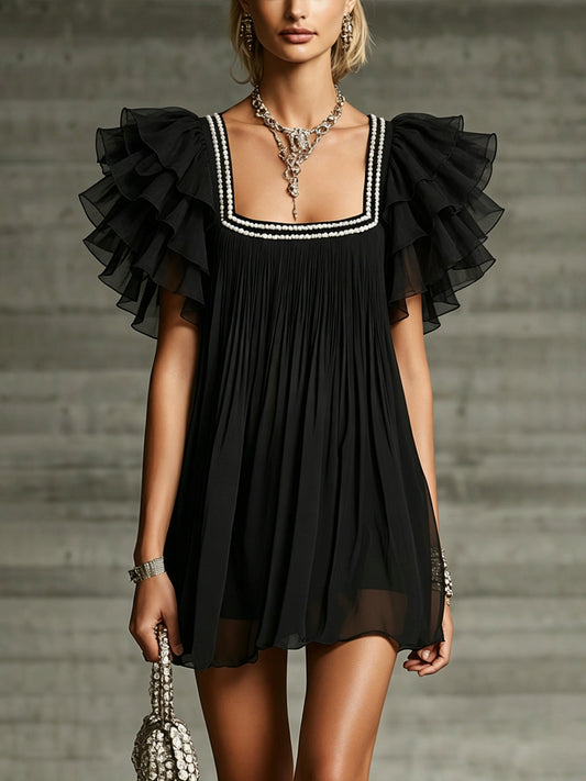 Black Ruffled Chiffon Mini Dress With Pearl-Trimmed Square Neck