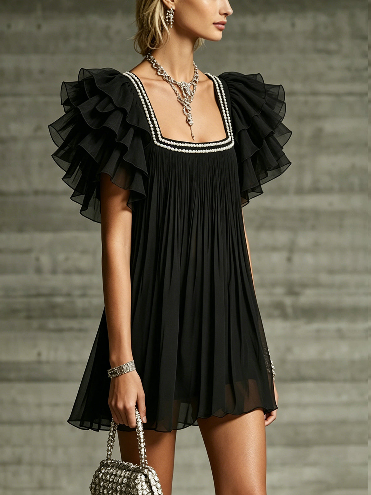Black Ruffled Chiffon Mini Dress With Pearl-Trimmed Square Neck