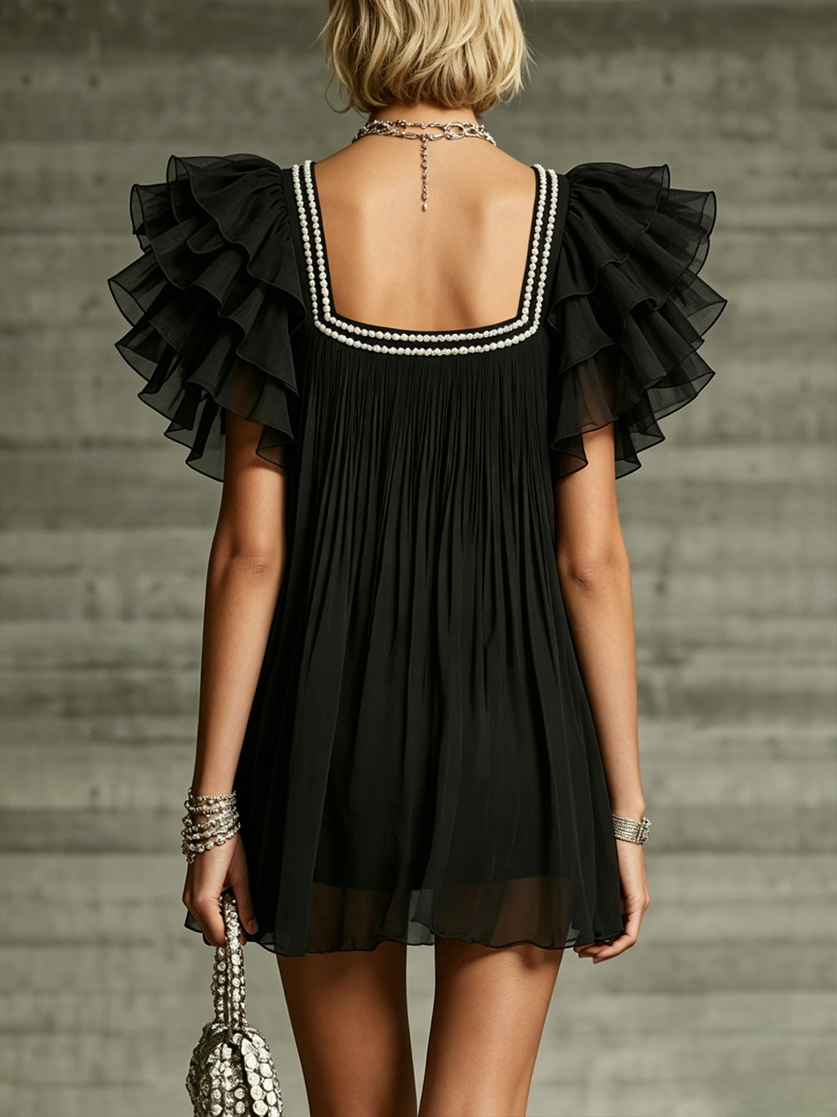 Black Ruffled Chiffon Mini Dress With Pearl-Trimmed Square Neck