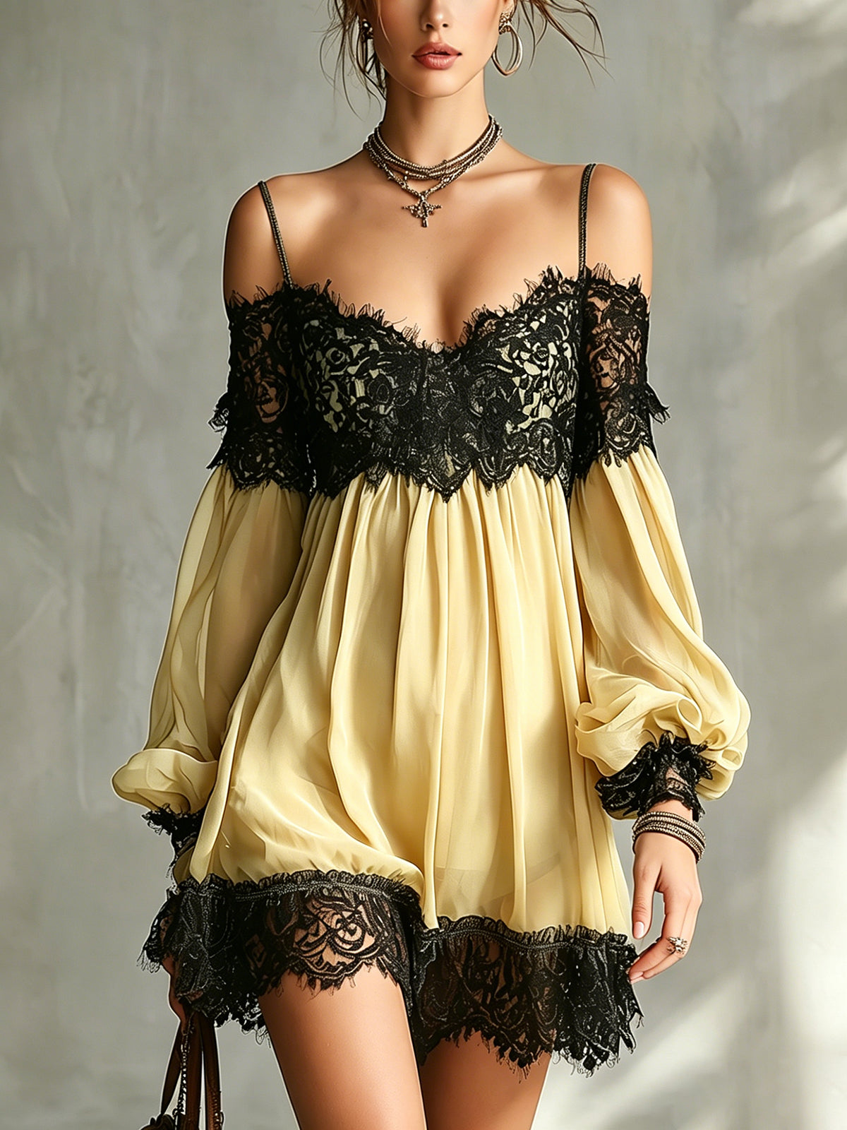 Green Off-Shoulder Chiffon Mini Dress With Black Lace Trim