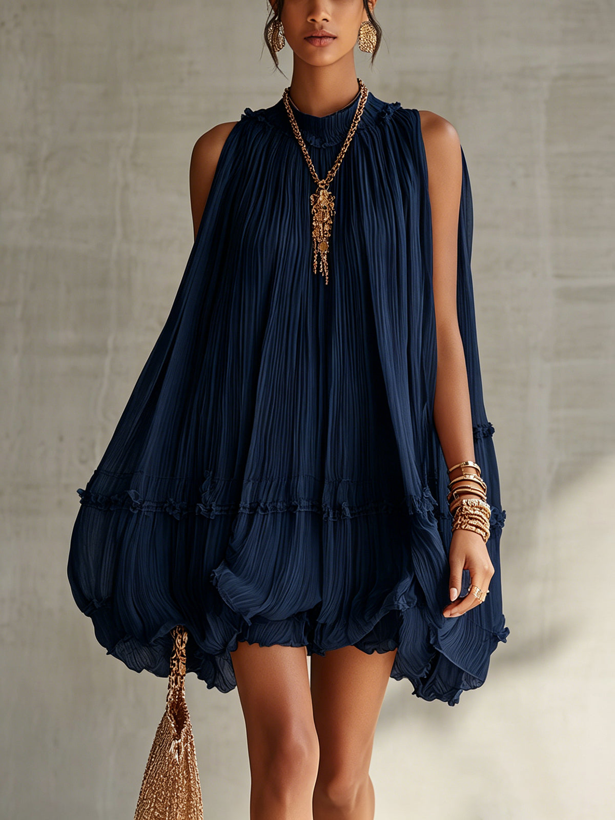Pink Pleated Chiffon Mini Dress With Ruffled Hem