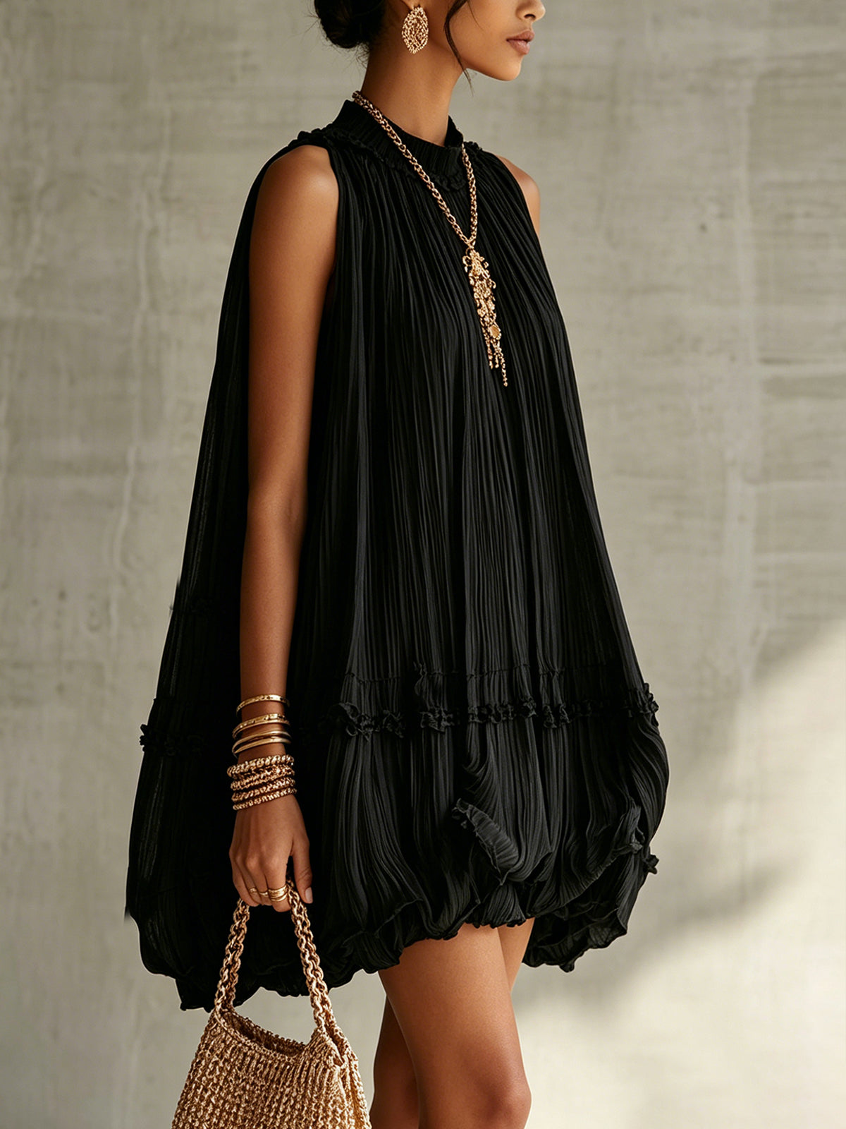 Pink Pleated Chiffon Mini Dress With Ruffled Hem