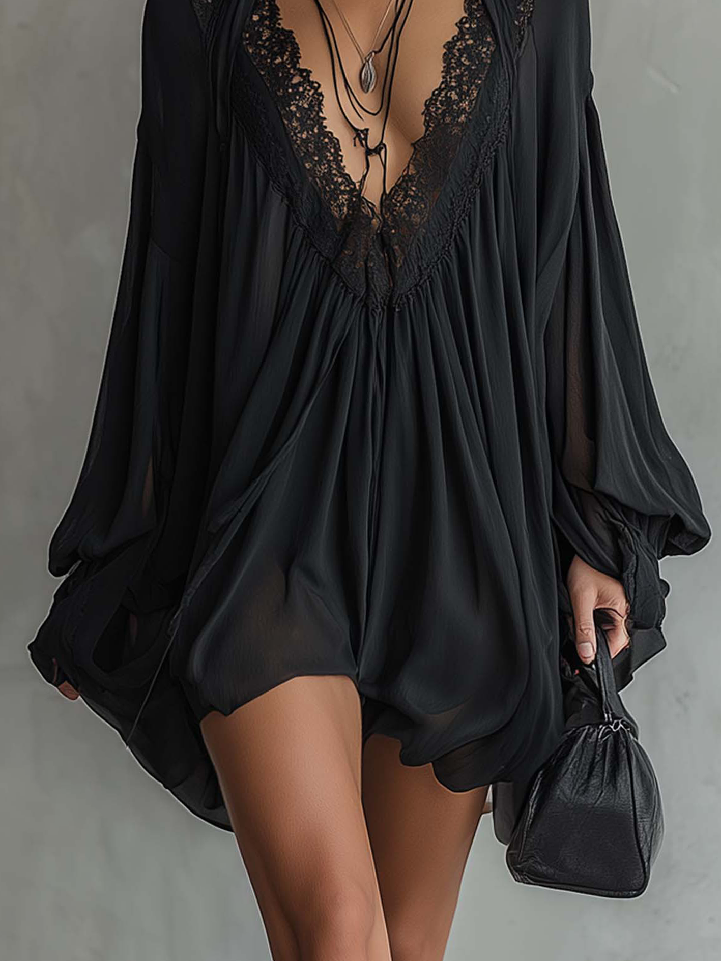 Black Chiffon Halter Mini Dress With Lace Neckline