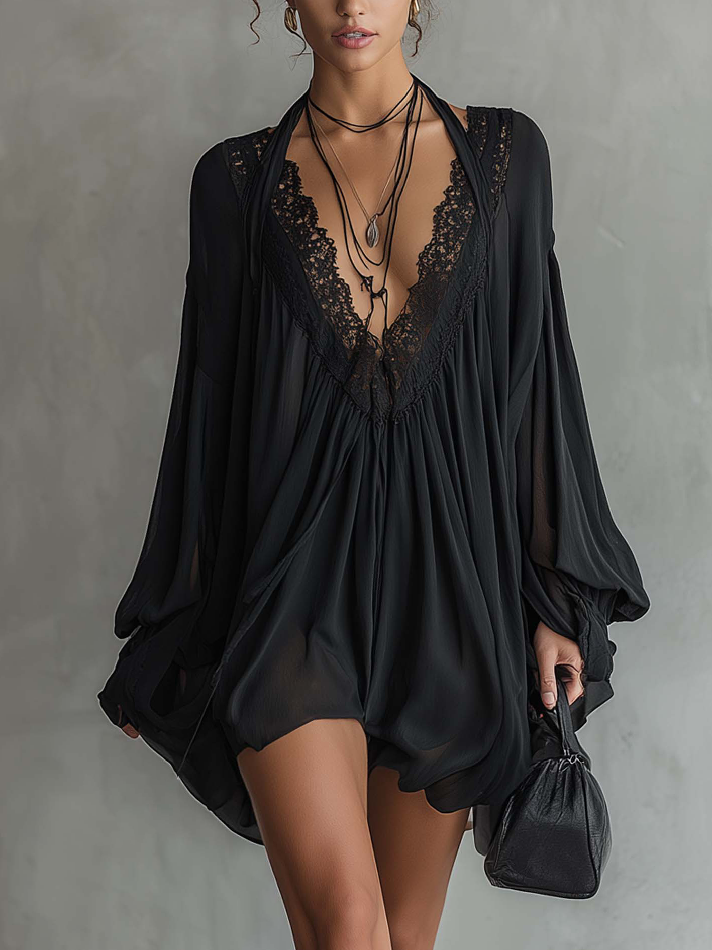 Black Chiffon Halter Mini Dress With Lace Neckline