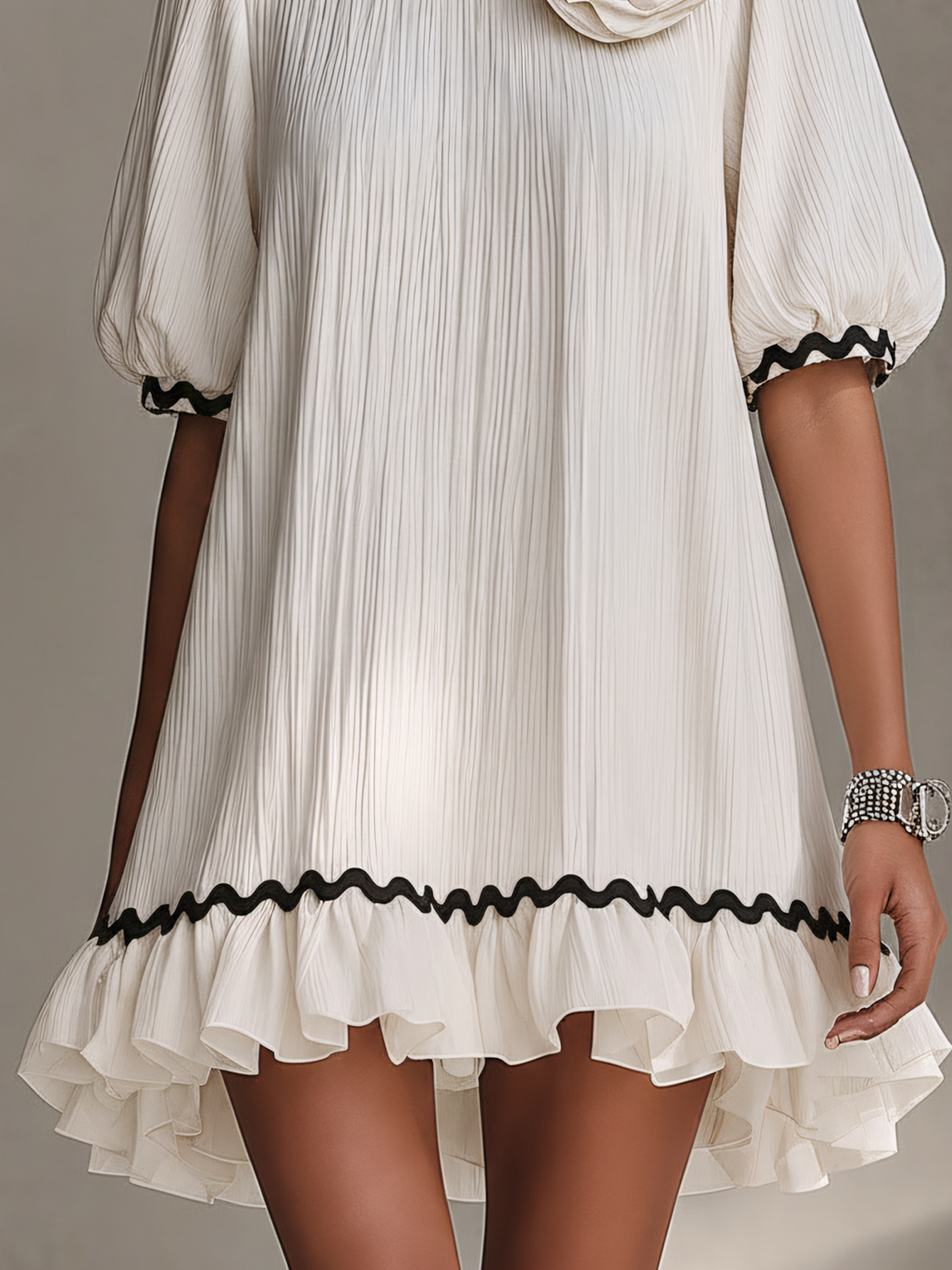 White Textured Mini Dress With Ribbon Trim And 3D Floral Detail